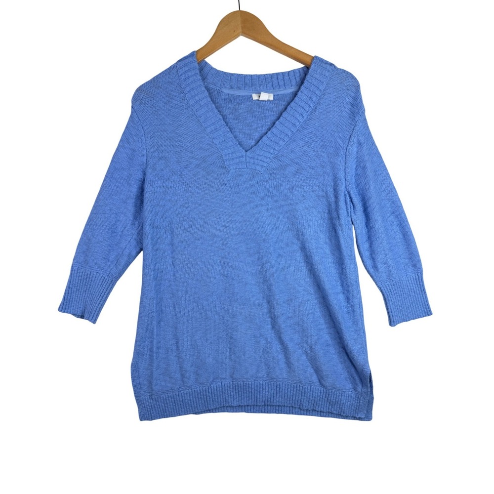 J. Jill V-neck 3/4 Sleeve Knit Pullover Sweater size Medium Petite Blue